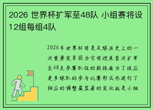 2026 世界杯扩军至48队 小组赛将设12组每组4队 2026 世界杯扩军至48队 小组赛将设12组每组4队