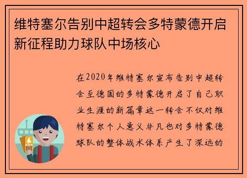 维特塞尔告别中超转会多特蒙德开启新征程助力球队中场核心