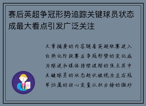 赛后英超争冠形势追踪关键球员状态成最大看点引发广泛关注