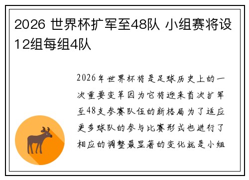 2026 世界杯扩军至48队 小组赛将设12组每组4队 2026 世界杯扩军至48队 小组赛将设12组每组4队